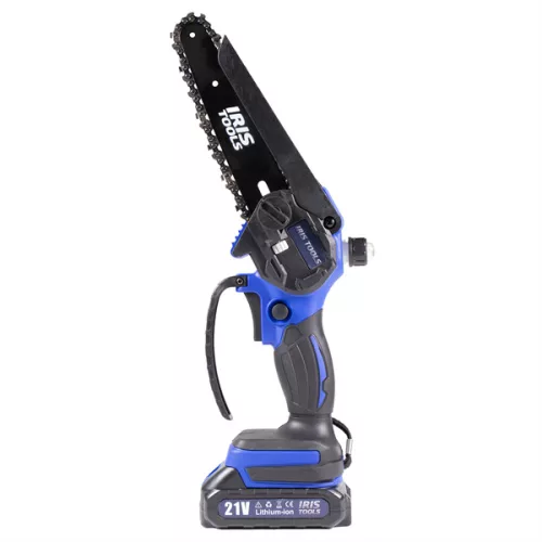 IRIS TOOLS ITCM-100 Akkus olajozós láncfűrész, ágvágó szett (táska + fűrész + 2 akku + töltő), 21V, 15 cm vágási hossz