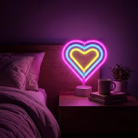   Neon LED lámpa - színes szív - 3 x AA + USB - 25,2 x 1,6 x 23 cm