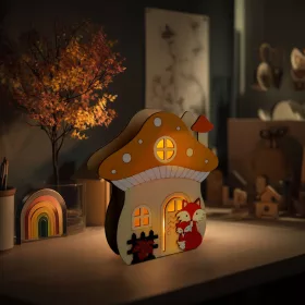   Világító dekoráció - gomba ház rókával - 15 x 16 x 5 cm - fából