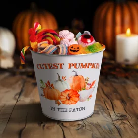   Őszi dekoráció - fém kaspó, vödör - tökös - 15 x 13,7 cm