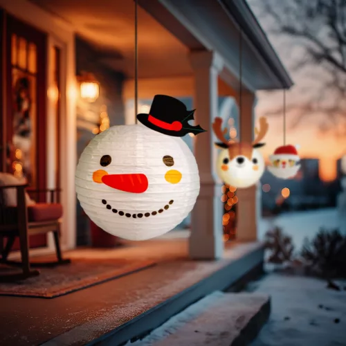 Karácsonyi lampion - hóember - papír - 30 cm
