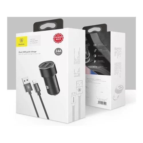 Baseus Small Screw TZXLD-A01 3.4A USB fekete szivargyújtó töltő + USB to Lightning kábel