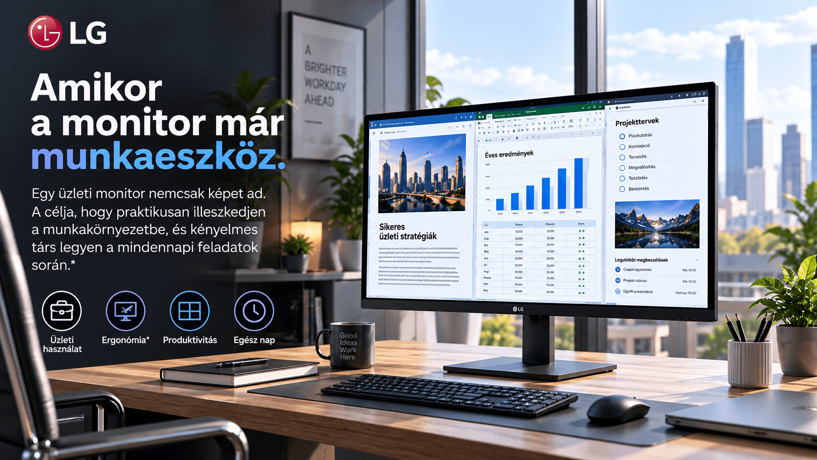 Üzleti és ergonomikus monitor modern munkakörnyezetben
