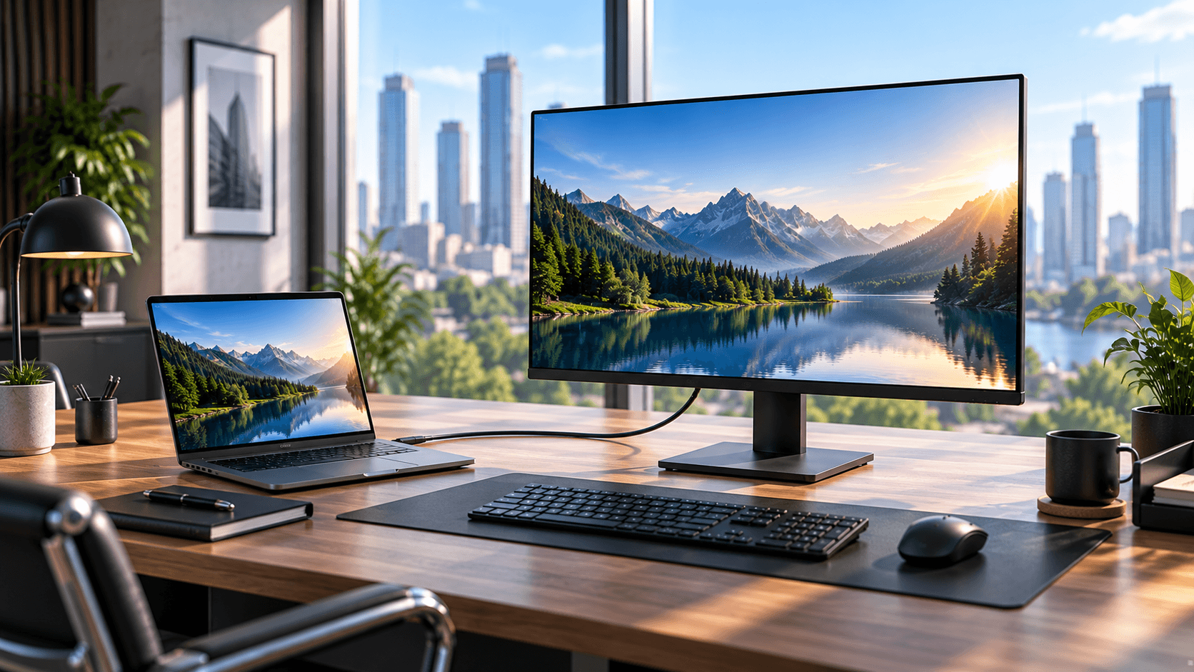 USB-C üzleti monitor notebookkal modern munkaállomáson