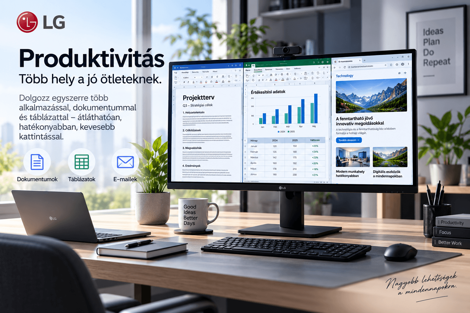 Üzleti monitor produktív többablakos munkakörnyezettel